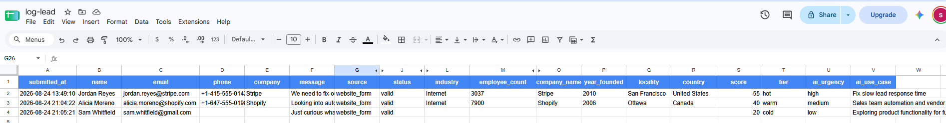 Lead log in Google Sheets with scores and enrichment