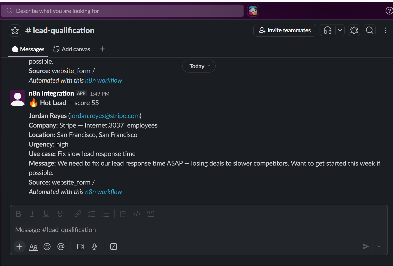 Hot lead Slack alert with enriched context